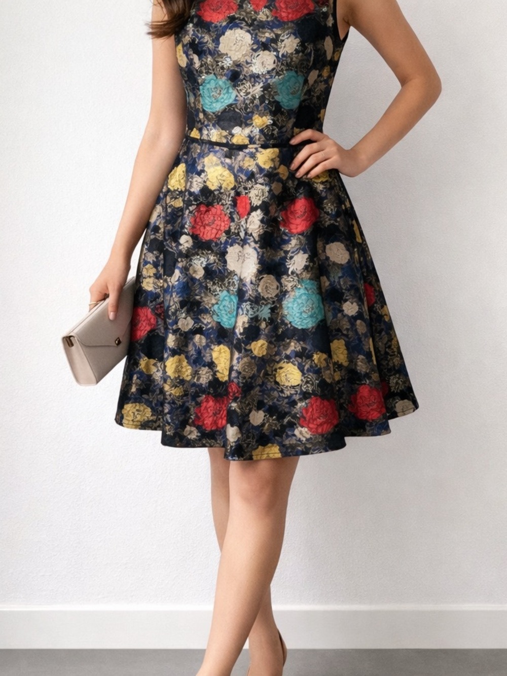 Tahari Arthur S Levine Floral Metallic Fit & Flare Dress Size 12